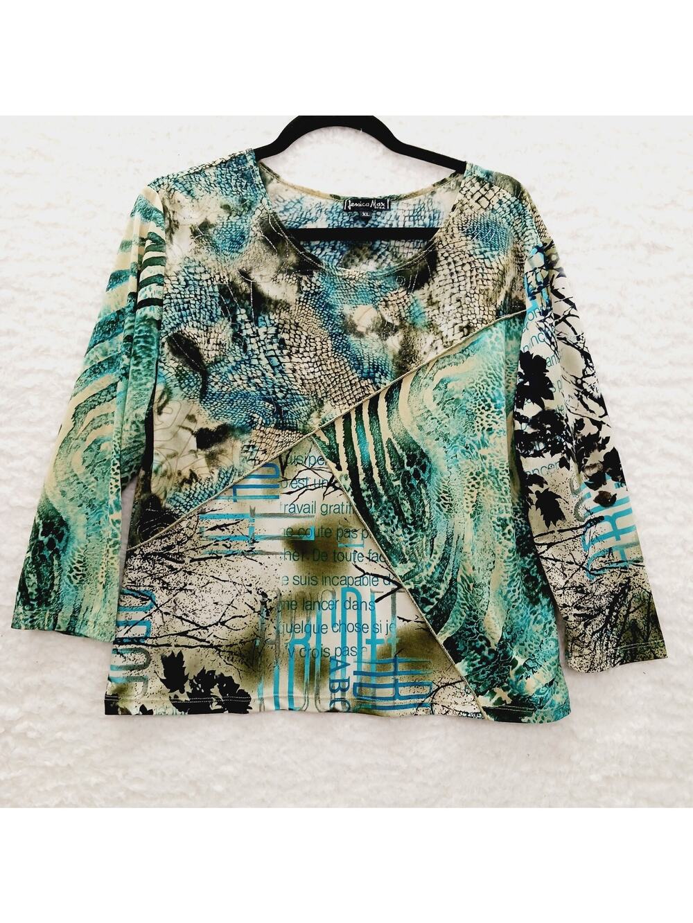 Blouse Abstract Teal Reptile Metallic Whimsycore Y2K Artistic Witchy Artsy Sz XL